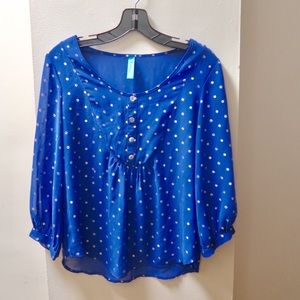 Sheer blue blouse with gold polka dots
